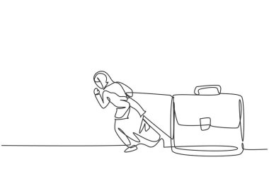 Deri evrak çantası taşıyan ve yürüyen genç bir Arap kadın çalışanın sürekli çizdiği bir çizgi. Başarılı işletme yöneticisi minimalist konsepti. Moda tek çizgi çizimi tasarım vektörü grafik çizimi