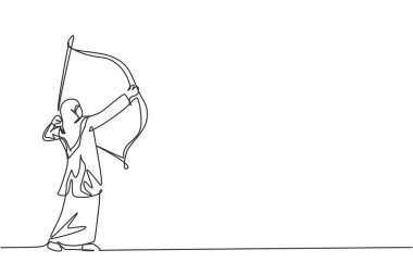 Genç ve güzel Arap çalışanın ok yayı kullanarak hedefe odaklandığı tek çizgi. Profesyonel iş kadını. Minimalizm konsepti bir çizgi grafik tasarım vektörü illüstrasyonu