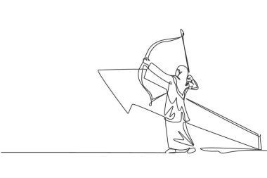 Genç ve güzel Arap spor kadınlarını çeken tek sıra hedefe fırlatılmadan önce bir ok yayı tutuyor. Profesyonel atlet. Minimalizm konsepti bir çizgi grafik tasarım vektörü illüstrasyonu