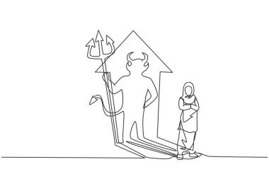 Güzel Arap kadın işçilerin aralıksız çizdiği tek çizgi duvardaki şeytan gölgesini yansıtıyor. Profesyonel iş kadını. Minimalizm konsepti dinamik bir çizgi grafik tasarım vektörü illüstrasyonu