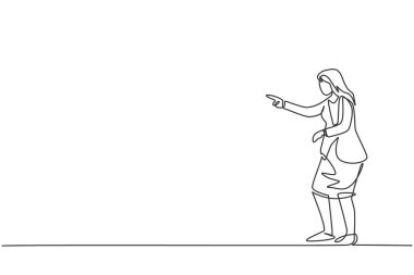Genç ve güzel iş kadınının sürekli çizdiği tek çizgi iş arkadaşını işaret ediyor. Profesyonel işçi. Minimalizm konsepti dinamik bir çizgi grafik tasarım vektörü illüstrasyonu