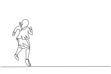 Bitiş çizgisine ulaşmak için hızla koşan genç ve zeki iş kadınının tek çizgisi. İş yarışı konsepti çok azdır. Modern sürekli çizgi çizimi tasarım grafik vektör çizimi