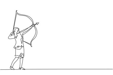 Genç ve güzel iş kadınlarının aralıksız çizdiği tek çizgi ok yayı ile hedefi hedefliyor. Profesyonel çalışkan. Minimalizm konsepti dinamik bir çizgi grafik tasarım vektörü illüstrasyonu