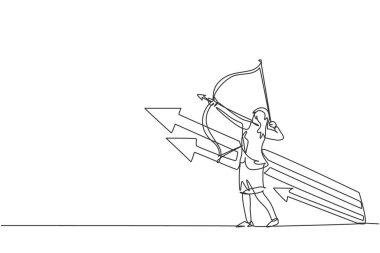 Genç bayan girişimcinin sürekli çizdiği bir çizgi hedefine ulaşmak için ok yayı alıyor. Başarı stratejisi minimalist kavram. Moda tek çizgi çizimi tasarım vektörü grafik çizimi