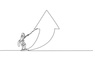 Genç ve güzel bir iş kadınının okları sembol yönüne doğru çeken tek bir çizgisi var. Profesyonel çalışkan. Minimalizm konsepti dinamik bir çizgi grafik tasarım vektörü illüstrasyonu