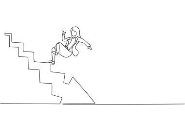 Genç ve güzel iş kadınının üst kattan kayıp düştüğü tek sıra çizimi. İflas metaforu. Minimalizm konsepti dinamik bir çizgi grafik tasarım vektörü illüstrasyonu