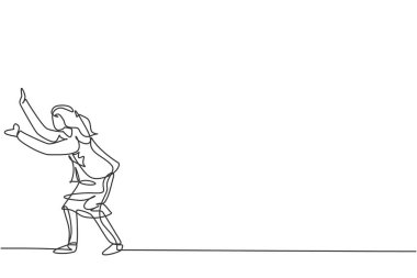 Korunma hareketi yapan genç bayan girişimci çizimleri devam ediyor. Başarılı işletme yöneticisi minimalist konsepti. Moda tek çizgi çizimi tasarım vektörü grafik çizimi