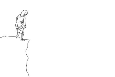 Genç ve zeki bir iş kadınının tepeden aşağıya baktığı tek bir çizgi. Ticari finans risk yönetimi minimum konsept. Modern sürekli çizgi çizimi tasarım grafik vektör çizimi