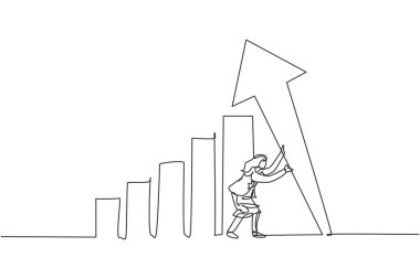 Genç ve zeki bir iş kadınının sırıkla ok işareti çizdiği tek bir çizgi. İş finansmanı grafik çubuğu minimum konsepti. Modern sürekli çizgi çizimi tasarım grafik vektör çizimi