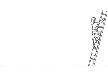 Genç bayan girişimcinin sürekli çizdiği bir çizgi zirveye ulaşmak için merdiveni tırmanır. Başarılı işletme yöneticisi minimalist konsepti. Moda tek çizgi çizimi tasarım vektörü grafik çizimi