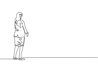 Genç ve güzel bir iş kadınının durduğu ve duvara baktığı tek sıra. Profesyonel işçi. Minimalizm konsepti dinamik bir çizgi grafik tasarım vektörü illüstrasyonu
