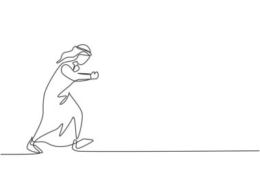 Bitiş çizgisine doğru hızla koşan genç Arap işadamının çizdiği tek çizgi. Başarılı iş adamları etik olarak en düşük konseptte çalışırlar. Modern sürekli çizgi çizimi tasarım grafik vektör çizimi