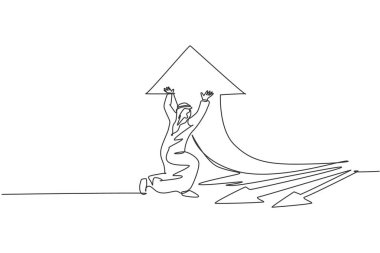 Genç Arap işadamının çizdiği tek çizgi ok işaretini yukarı doğru saptırıyor. Başarı iş büyüme stratejisi minimum konsept. Modern sürekli çizgi çizimi tasarım grafik vektör çizimi