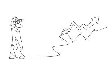 Genç Arap iş adamının yatırım ilerleme grafiğini artırmak için sürekli çizdiği tek çizgi. Profesyonel işçi. Minimalizm konsepti dinamik bir çizgi grafik tasarım vektörü illüstrasyonu