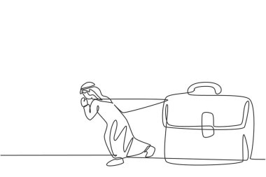 Deri evrak çantasını çeken genç Arap işadamının sürekli çizdiği bir çizgi. İş adamları çok sıkı çalışır. Etik minimalist kavram. Moda tek çizgi çizimi tasarım vektörü grafik çizimi