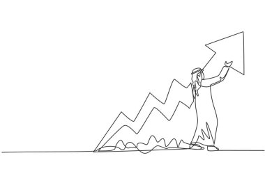 Genç Arap iş adamının sürekli çizdiği tek çizgi artan mali büyüme bildiriyor. İş sunumu. Minimalizm konsepti dinamik bir çizgi grafik tasarım vektörü illüstrasyonu