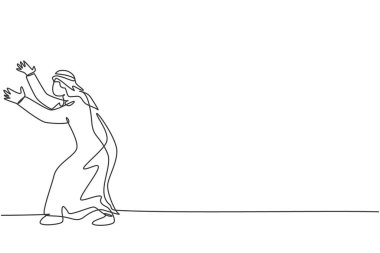 Genç Arap işadamının sürekli çizdiği çizgiler, iş tehditlerinden korunmak için jest yapıyor. Çalışkan minimalist konsept. Moda tek çizgi çizimi tasarım vektörü grafik çizimi