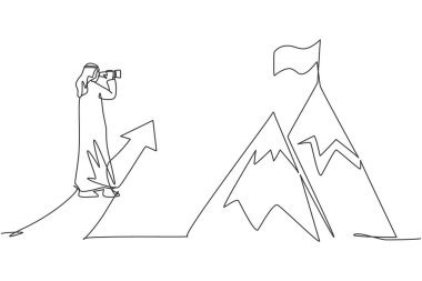 Genç Arap işadamının hedef tahtası olarak dağa bayrak çekmesi. İş görüşü minimalist kavramı. Moda tek çizgi çizimi tasarım vektörü grafik çizimi
