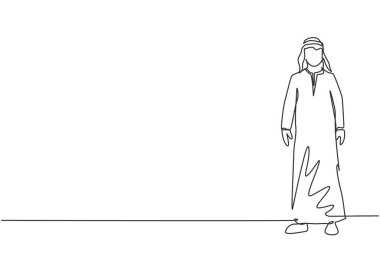 Genç Arap iş adamının tek sıra çizimi zarif duruyor. Başarılı profesyonel işçi. Minimalizm konsepti dinamik bir çizgi grafik tasarım vektörü illüstrasyonu