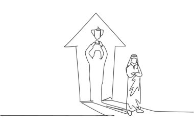 Gölgeyle ayakta duran genç Arap iş adamının duvara bir kupa kaldırdığı tek sıra. Şampiyon çalışan. Minimalizm konsepti dinamik bir çizgi grafik tasarım vektörü illüstrasyonu