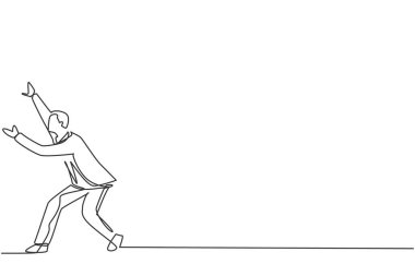 Genç ve zeki işletme yöneticisinin çizdiği tek çizgi zorluklara dayanır. Ekonomik engeller minimum konsept. Modern sürekli çizgi çizimi tasarım grafik vektör çizimi