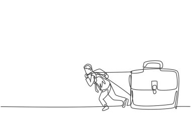 Devasa evrak çantası metaforu kullanan genç işadamının sürekli çizdiği tek çizgi. Profesyonel iş adamı çok çalışıyor. Minimalizm konsepti dinamik bir çizgi grafik tasarım vektörü illüstrasyonu