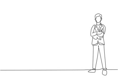 Genç ve yakışıklı erkek işçinin tek sıra çizimi ofiste zarif bir şekilde duruyor. Profesyonel iş adamı. Minimalizm konsepti dinamik bir çizgi grafik tasarım vektörü illüstrasyonu