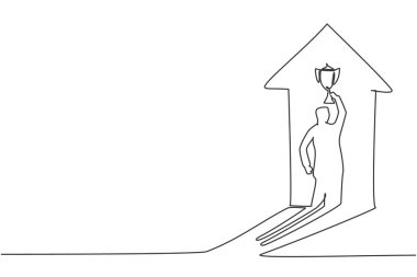Genç ve zeki iş adamı gölgesinin ok ışığıyla kupayı kaldırdığı tek çizgi. Ticari şampiyon asgari konsept. Modern sürekli çizgi çizimi tasarım grafik vektör çizimi