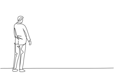 Genç iş adamının sürekli çizdiği tek çizgi. Hedef dikey görüş açısına bakıyor. Profesyonel iş adamı vizyonu. Minimalizm konsepti dinamik bir çizgi grafik tasarım vektörü illüstrasyonu