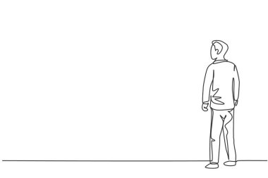 Genç erkek işletme müdürünün umut ararken tek sıra halinde durduğu bir çizgi. Profesyonel iş adamı. Minimalizm konsepti dinamik bir çizgi grafik tasarım vektörü illüstrasyonu
