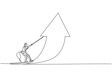 Genç iş adamının iş büyümesini arttırmak için oku kaldırdığı tek sıra çizimi. Profesyonel iş adamı. Minimalizm konsepti dinamik bir çizgi grafik tasarım vektörü illüstrasyonu