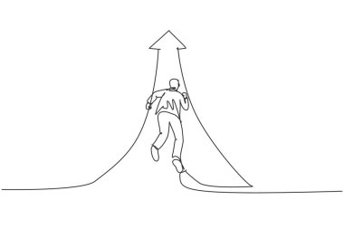 Genç işadamının ok yönünü arttırmak için hızla koşarken çizdiği bir çizgi sürekli devam ediyor. Başarılı işletme yöneticisi minimalist konsepti. Moda tek çizgi çizimi tasarım vektörü grafik çizimi