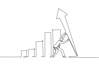 Genç zeki iş adamının finans grafiğini kaldırdığı tek bir çizgi. İş piyasası büyümesi asgari bir kavram. Modern sürekli çizgi çizimi tasarım grafik vektör çizimi