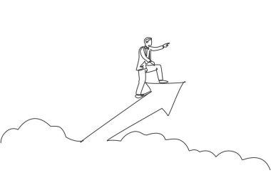 Aralıksız tek sıra halinde, ok süren genç erkek işçi bulutlar ve gökyüzü boyunca işaret veriyor. Profesyonel iş adamı. Minimalizm konsepti dinamik bir çizgi grafik tasarım vektörü illüstrasyonu