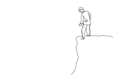 Genç ve zeki iş adamının tepeden aşağıya baktığı tek bir çizgi. İş riski ve tuzak metaforu minimum konsept. Modern sürekli çizgi çizimi tasarım grafik vektör çizimi