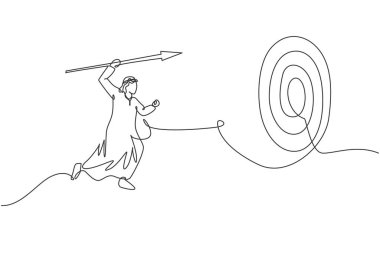 Aralıksız bir çizgi genç yakışıklı Arap erkek işçiyi dart tahtasında iş hedefini vurmaya yönlendiriyor. Başarılı işletme yöneticisi minimalist konsepti. Tek çizgi çizimi tasarım vektörü grafik çizimi