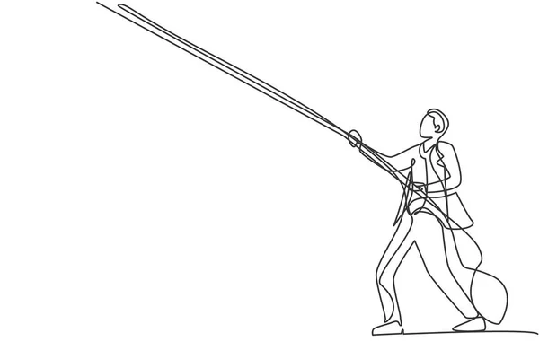 Einzeilige Zeichnung Eines Jungen Smarten Männlichen Angestellten Der Mittels Seil — Stockvektor