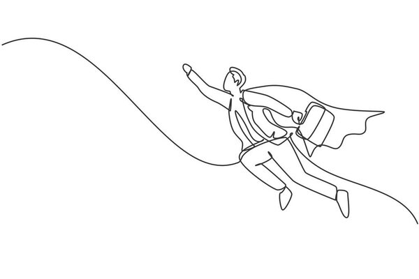 Непрерывный рисунок молодых красивых мужчин-рабочих, летающих с помощью крыла супергероя. Успех взлетел до небес благодаря минималистской концепции бизнес-менеджера. Модная векторная графическая иллюстрация