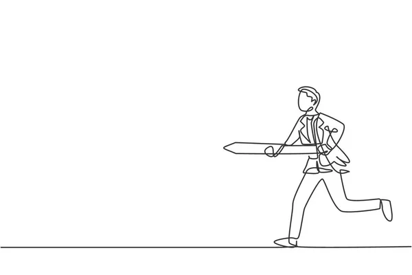 Jednorázová Kresba Mladého Chytrého Zaměstnance Běžícího Držícího Kopí Aby Zasáhl — Stockový vektor