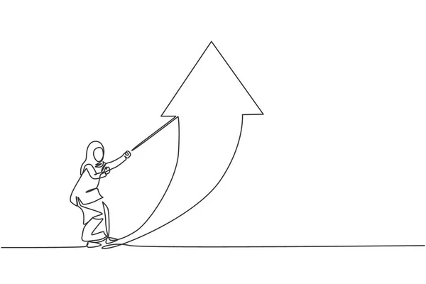 Одна Линия Рисунок Молодой Умной Арабской Бизнес Женщины Тянуть Стрелку — стоковый вектор