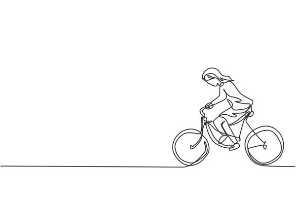 Непрерывный Однострочный Рисунок Молодой Предпринимательницы Катающейся Велосипеде Отправляется Офис Успех — стоковый вектор