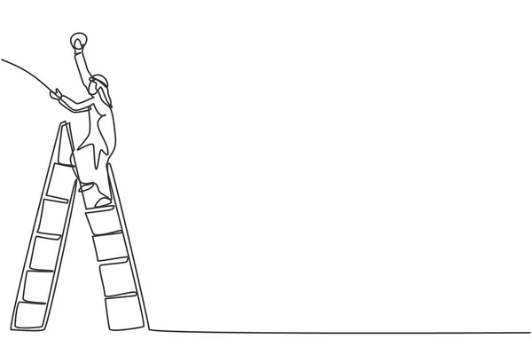 Desenho Linha Contínua Única Jovem Faz Tudo Árabe Subir Escada — Vetor de Stock