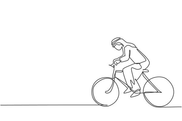 一位年轻的阿拉伯商人骑着自行车去办公室连续画一条线 勤劳的专业人员 简约概念动态单线绘图图形设计矢量图解 — 图库矢量图片