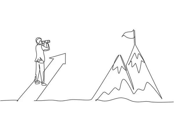 Dessin Unique Une Ligne Jeune Homme Affaires Intelligent Regardant Montagne — Image vectorielle