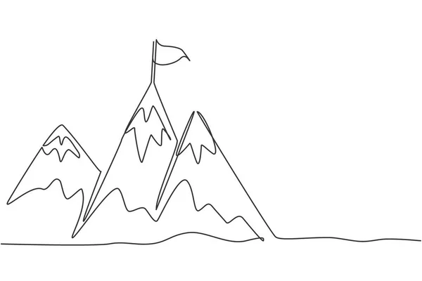 Linha Única Contínua Desenhando Montanhas Com Bandeira Destino Topo Alcançar — Vetor de Stock
