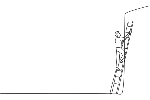Jednorázová Kresba Mladého Chytrého Podnikatele Jak Šplhá Zdi Žebříku Metafora — Stockový vektor