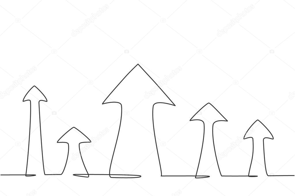 Continuous one line drawing symbol of rising up arrows icon. Successful business sales target growth achievement minimalist concept. Trendy single line draw design vector graphic illustration
