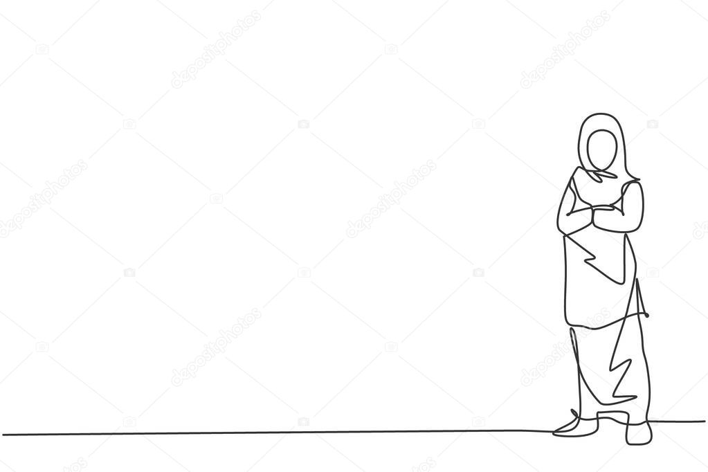 Continuous one line drawing of young female Arabic worker standing while cross arms on chest. Success business manager minimalist concept. Trendy single line draw design vector graphic illustration