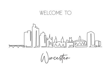 Tek bir çizgi Worcester şehrinin siluetini çiziyor, Massachusetts. Dünya tarihi şehir manzarası sanatı. En iyi tatil yeri kartpostalı. Düzenlenebilir vuruş sürekli çizgi çizim vektör çizimi illüstrasyonu