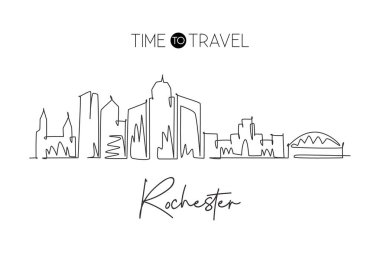 New York 'ta Rochester şehrinin siluetini çizen kesintisiz bir çizgi. Güzel dönüm noktası. Dünya peyzaj turizmi duvar dekorasyonu posteri, kartpostal. Tek çizgi çizimi tasarım vektörü illüstrasyonu
